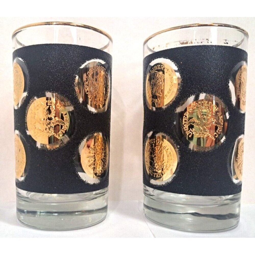 Vintage Libbey Gold Coin Black Textured MCM Set Of 2 Highball Glasses FLAW